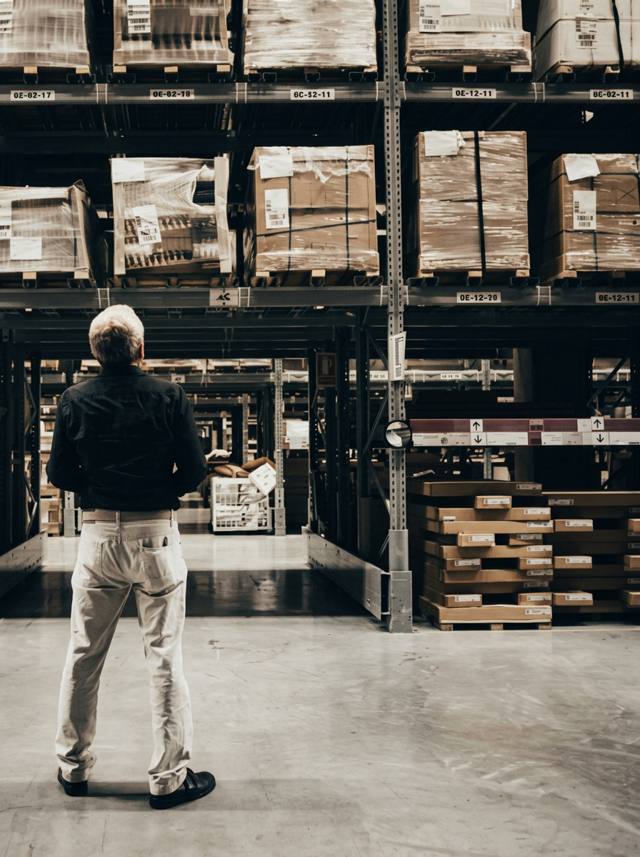 Procurement specialist surveying pallet-stacked warehouse shelving under warm interior lighting
