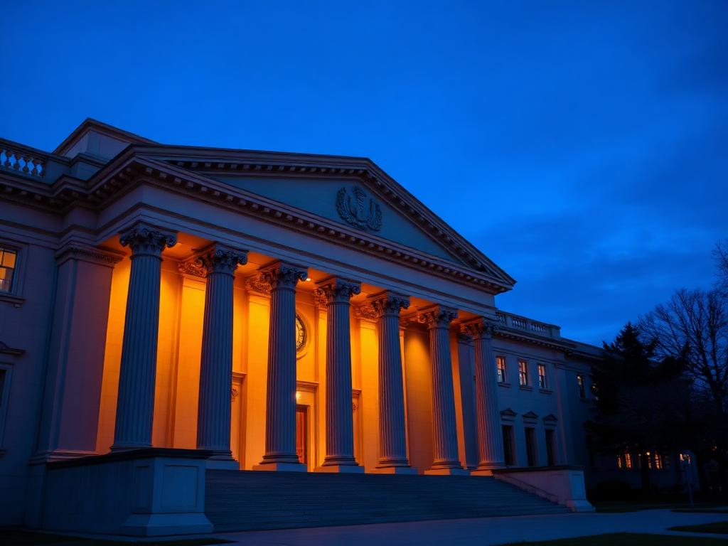 Federal building exterior at twilight