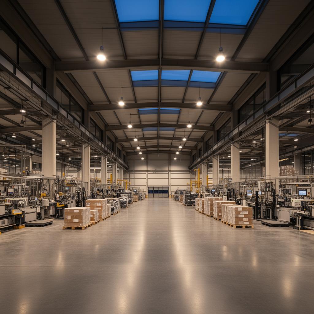 Defense and aerospace manufacturing facility interior at dusk