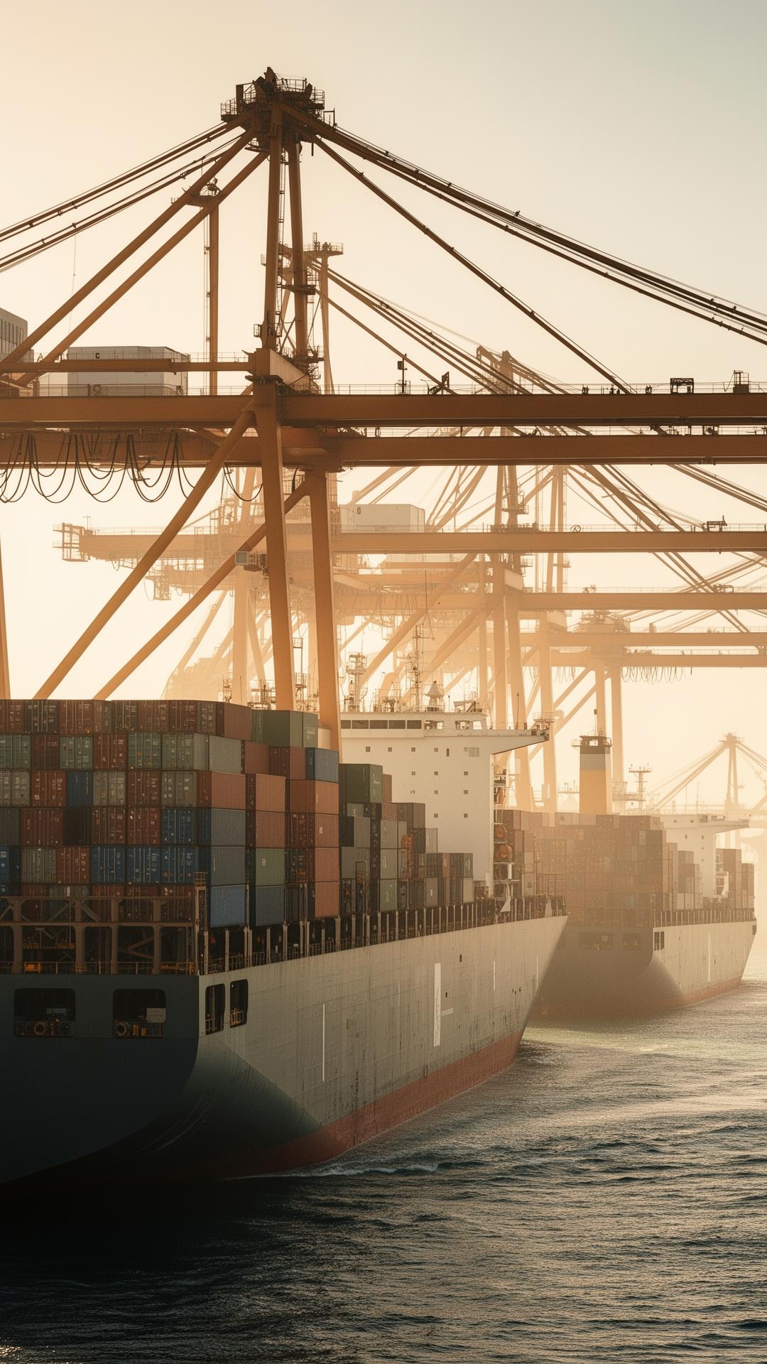 Port gantry cranes loading container ship in warm daylight